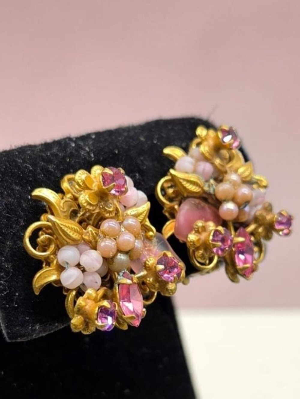Vintage Signed Robert Pink Flower Cluster Clip-On Earrings Mid-Century 1950s - Picture 7 of 12